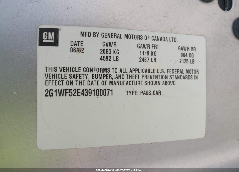 2003 CHEVROLET IMPALA VIN: 2G1WF52E439100071