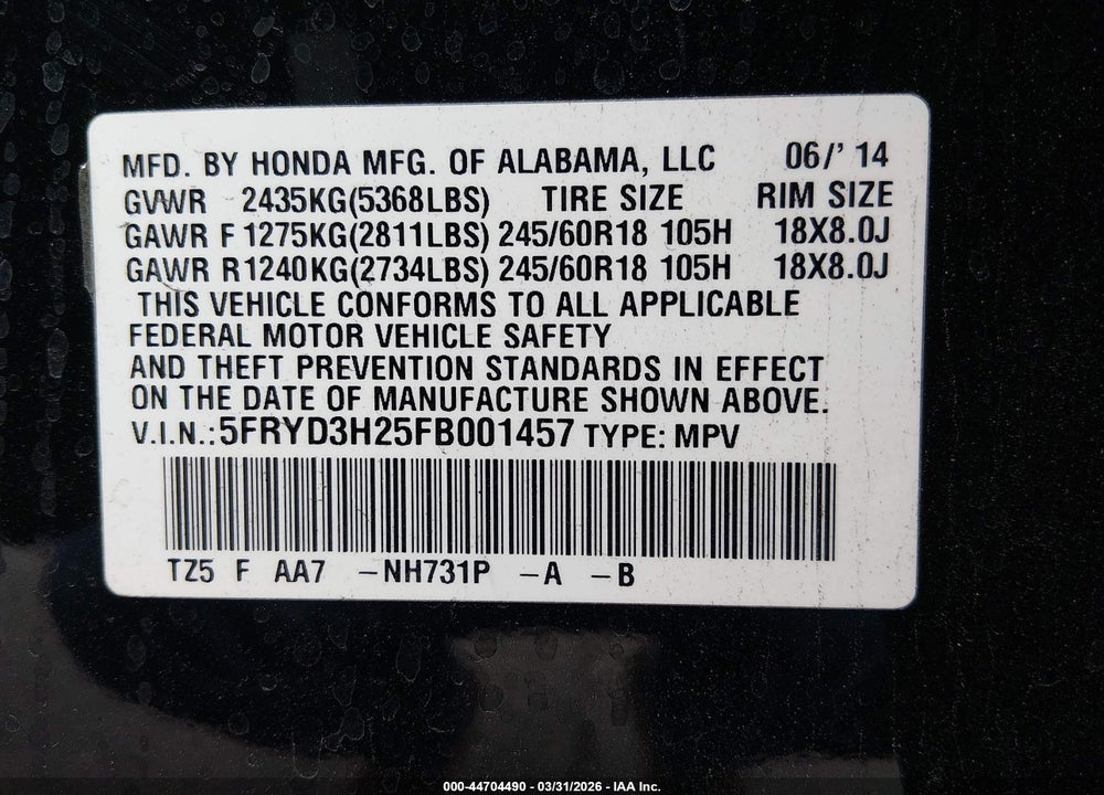 2015 ACURA MDX VIN: 5FRYD3H25FB001457