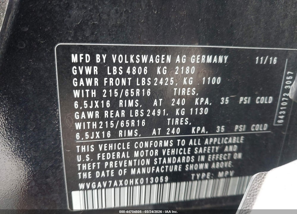 2017 VOLKSWAGEN TIGUAN 2.0T/2.0T S VIN: WVGAV7AX0HK013059