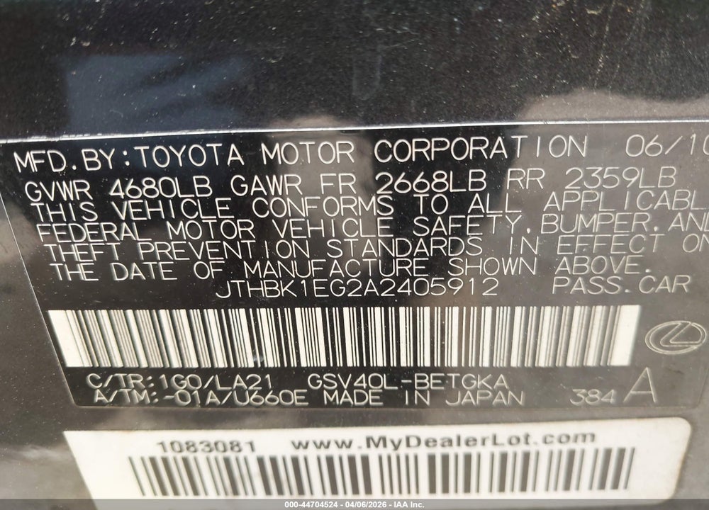 2010 LEXUS ES 350 VIN: JTHBK1EG2A2405912