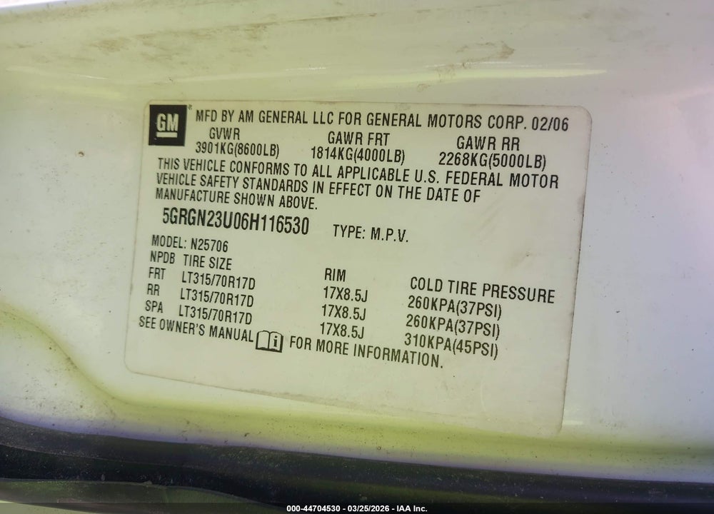 2006 HUMMER H2 VIN: 5GRGN23U06H116530