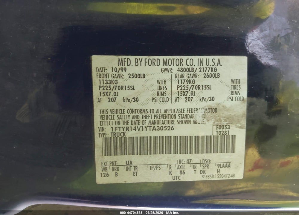 2000 FORD RANGER XL/XLT VIN: 1FTYR14V1YTA30526