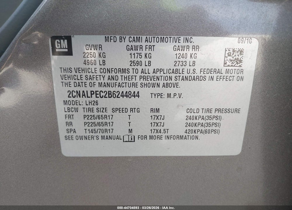 2011 CHEVROLET EQUINOX 2LT VIN: 2CNALPEC2B6244844