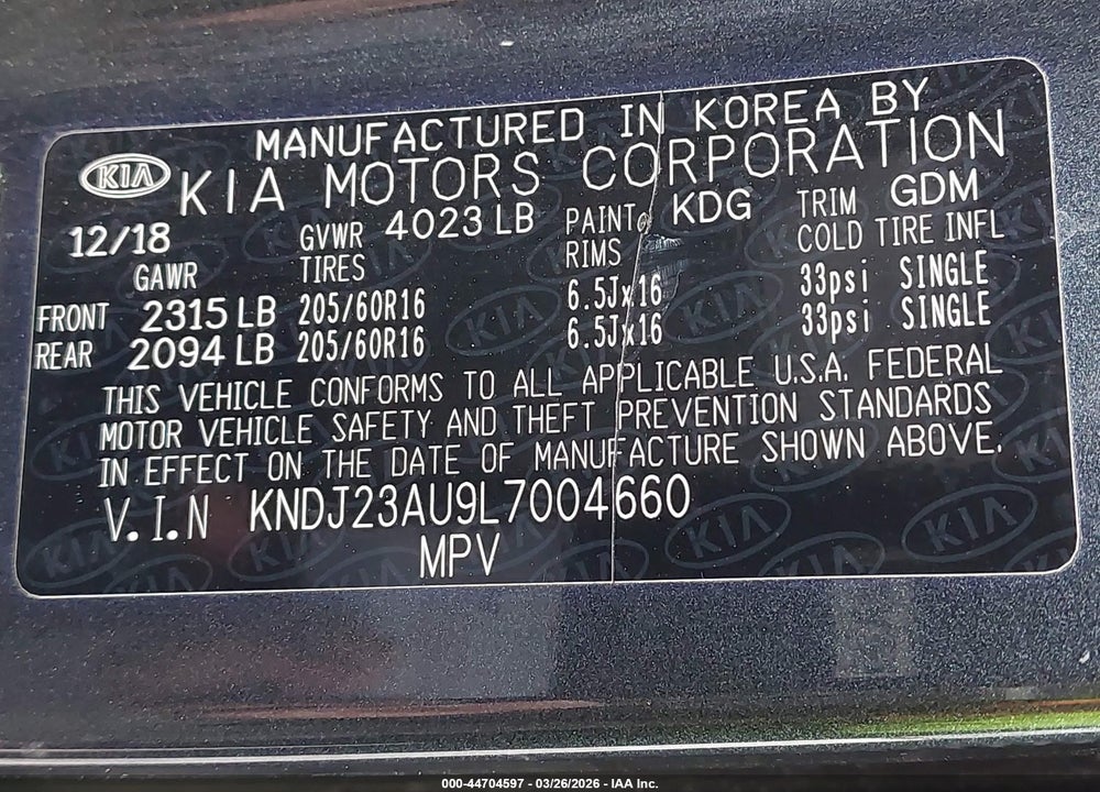 2020 KIA SOUL LX VIN: KNDJ23AU9L7004660