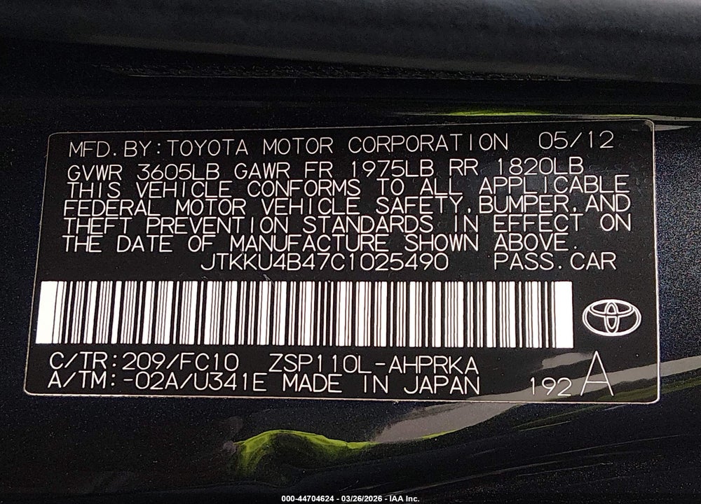 2012 SCION XD VIN: JTKKU4B47C1025490