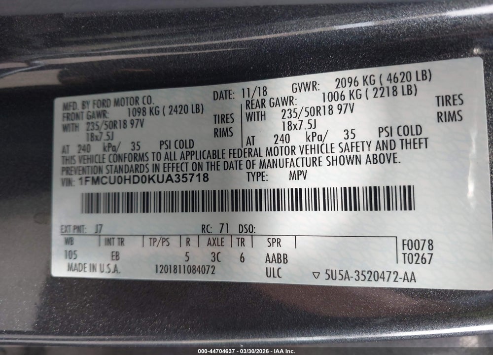 2019 FORD ESCAPE SEL VIN: 1FMCU0HD0KUA35718