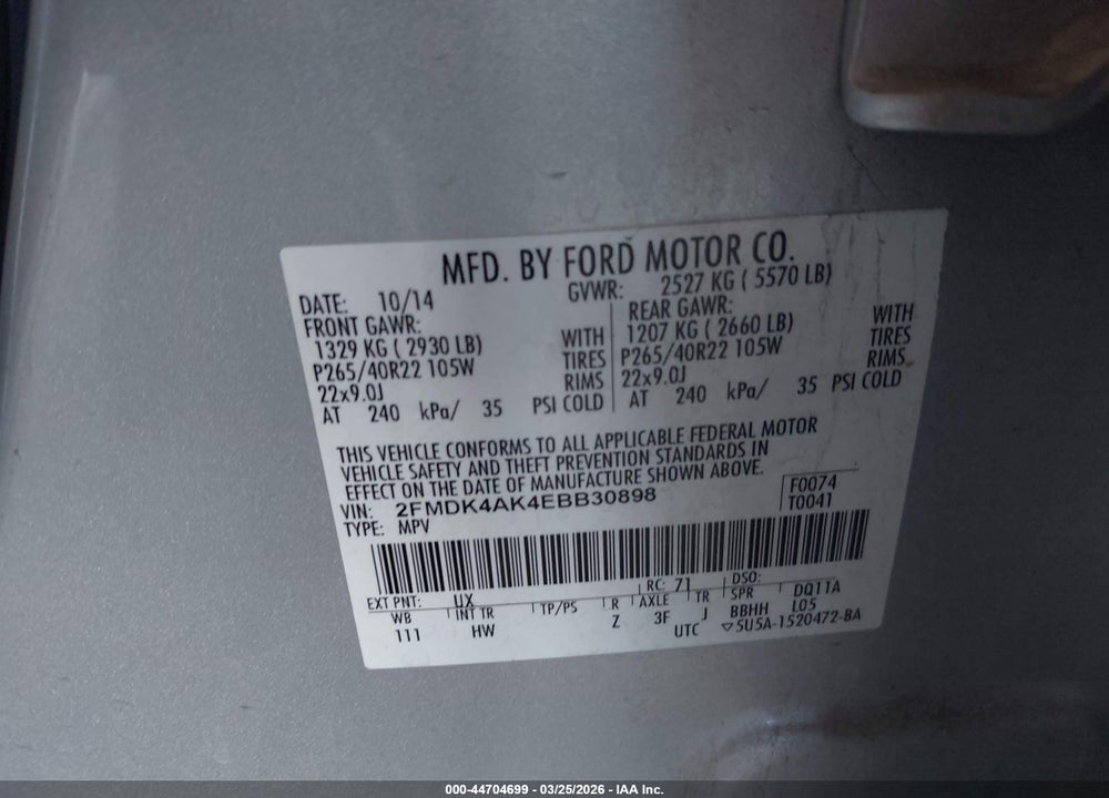2014 FORD EDGE SPORT VIN: 2FMDK4AK4EBB30898