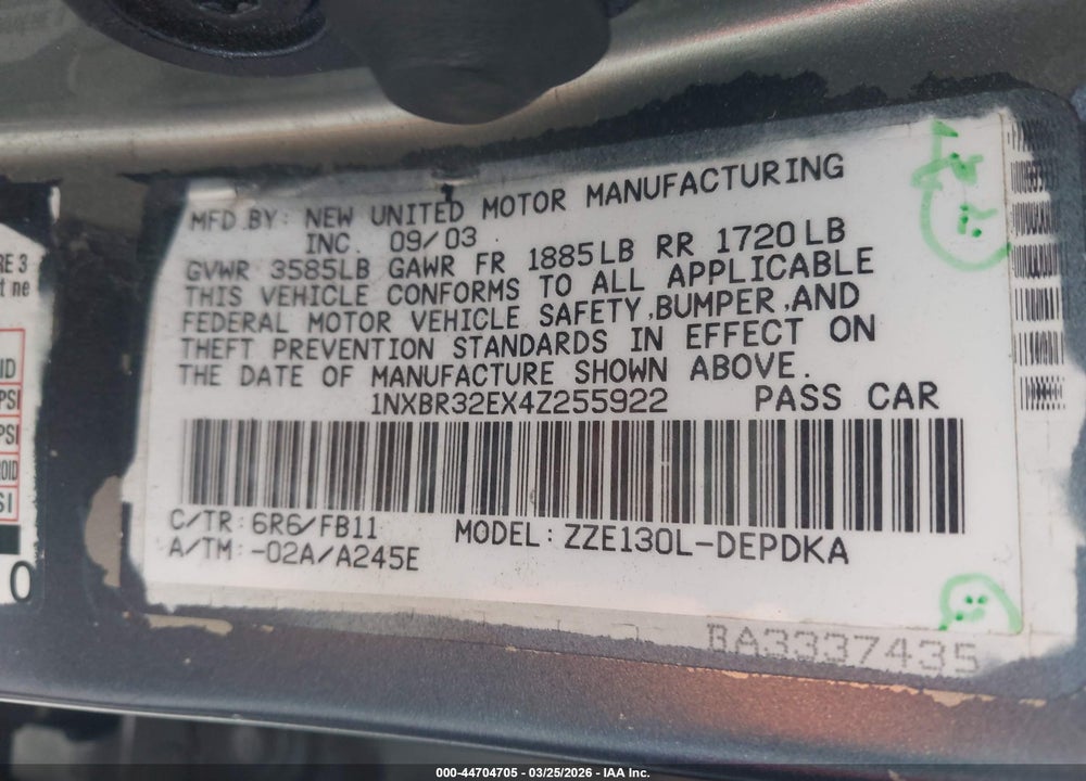 2004 TOYOTA COROLLA CE VIN: 1NXBR32EX4Z255922