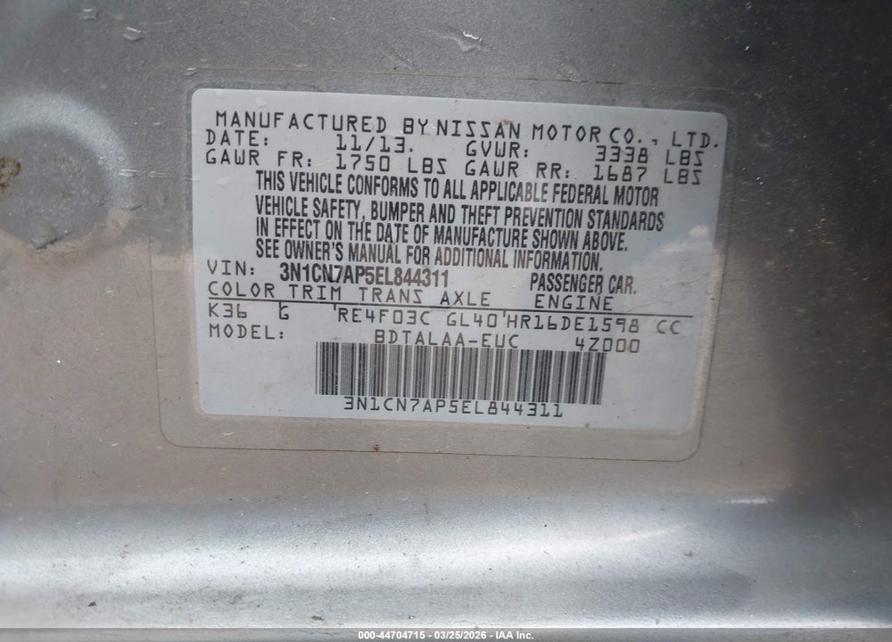 2014 NISSAN VERSA 1.6 S VIN: 3N1CN7AP5EL844311