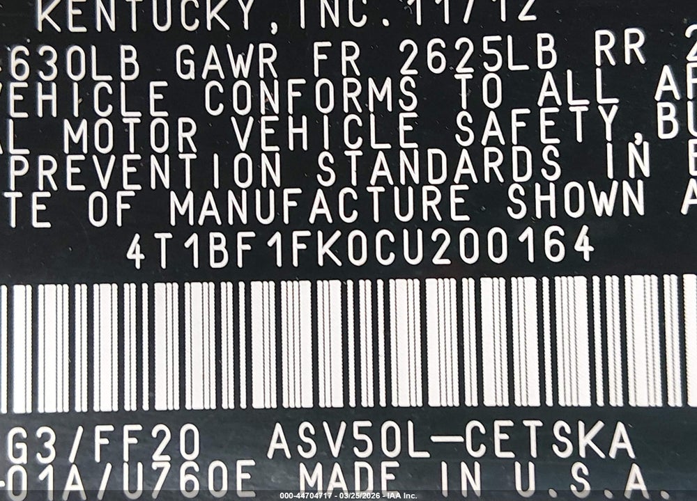 2012 TOYOTA CAMRY SE VIN: 4T1BF1FK0CU200164