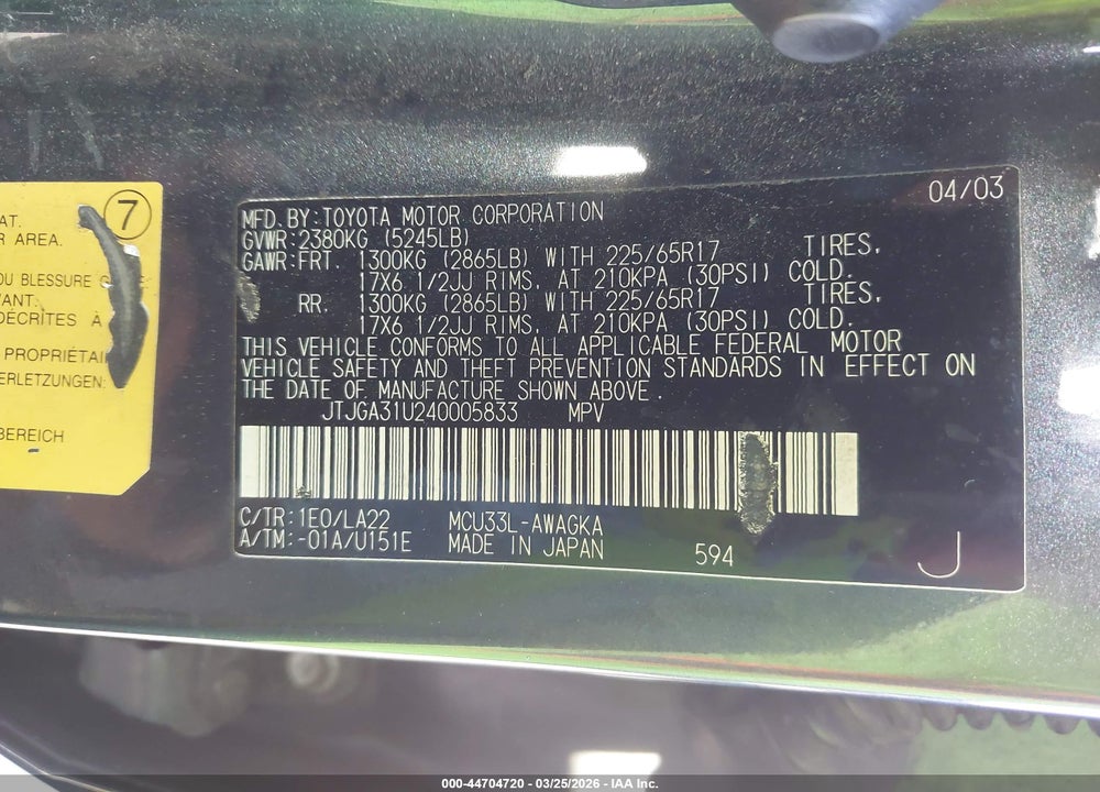 2004 LEXUS RX 330 VIN: JTJGA31U240005833
