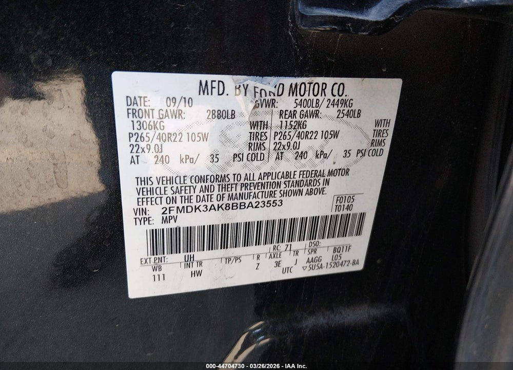 2011 FORD EDGE SPORT VIN: 2FMDK3AK8BBA23553
