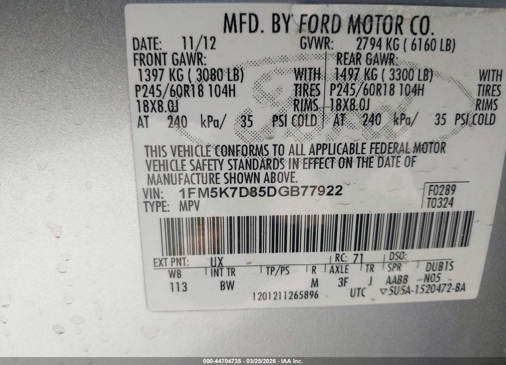 2013 FORD EXPLORER XLT VIN: 1FM5K7D85DGB77922