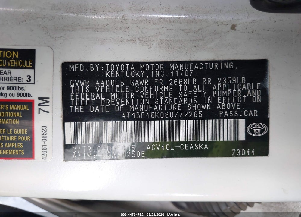 2008 TOYOTA CAMRY CE VIN: 4T1BE46K08U772265