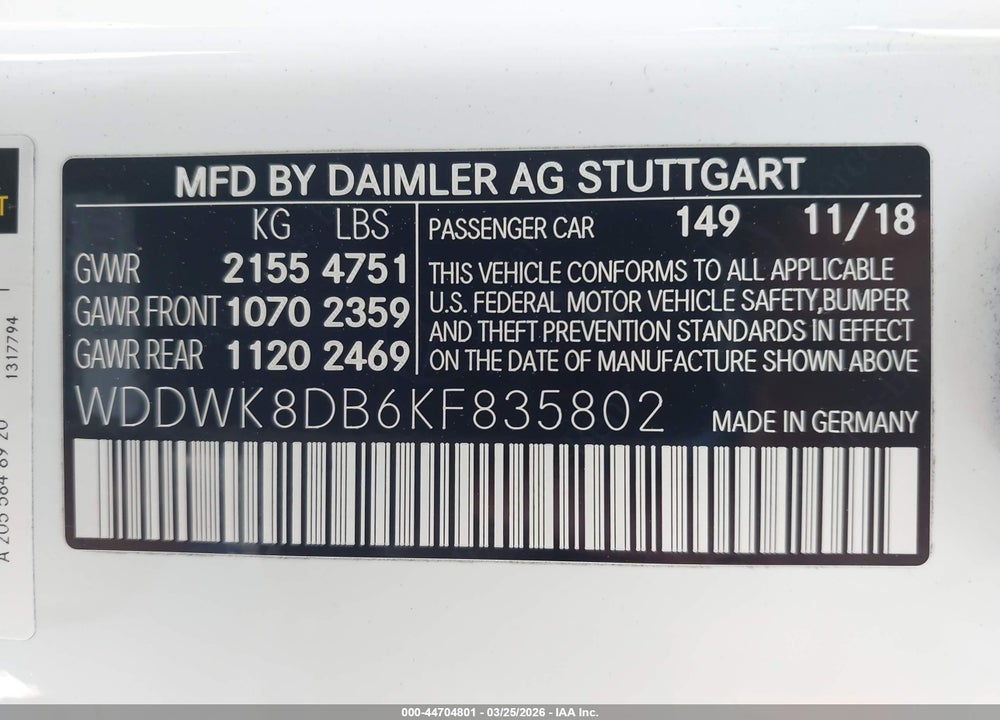 2019 MERCEDES-BENZ C 300 VIN: WDDWK8DB6KF835802