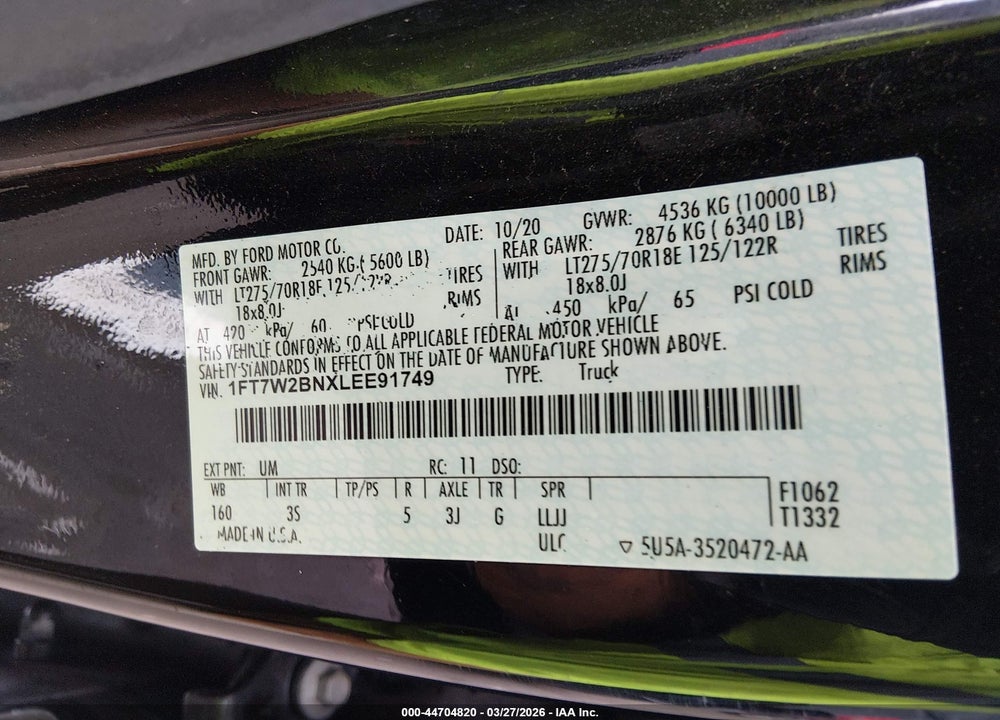 2020 FORD F-250 XLT VIN: 1FT7W2BNXLEE91749