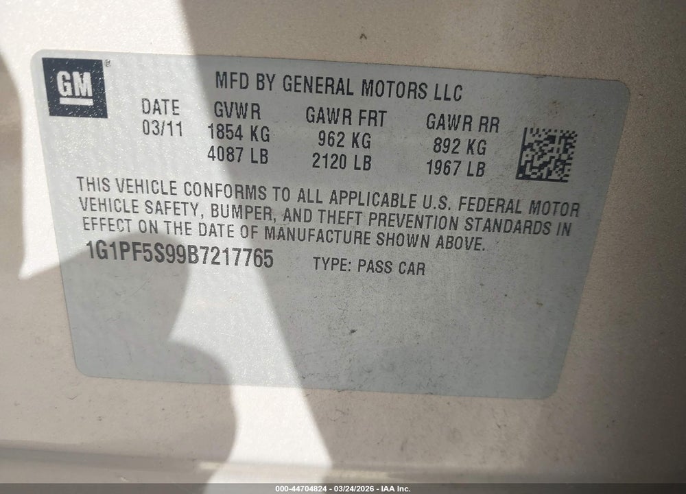 2011 CHEVROLET CRUZE 1LT VIN: 1G1PF5S99B7217765