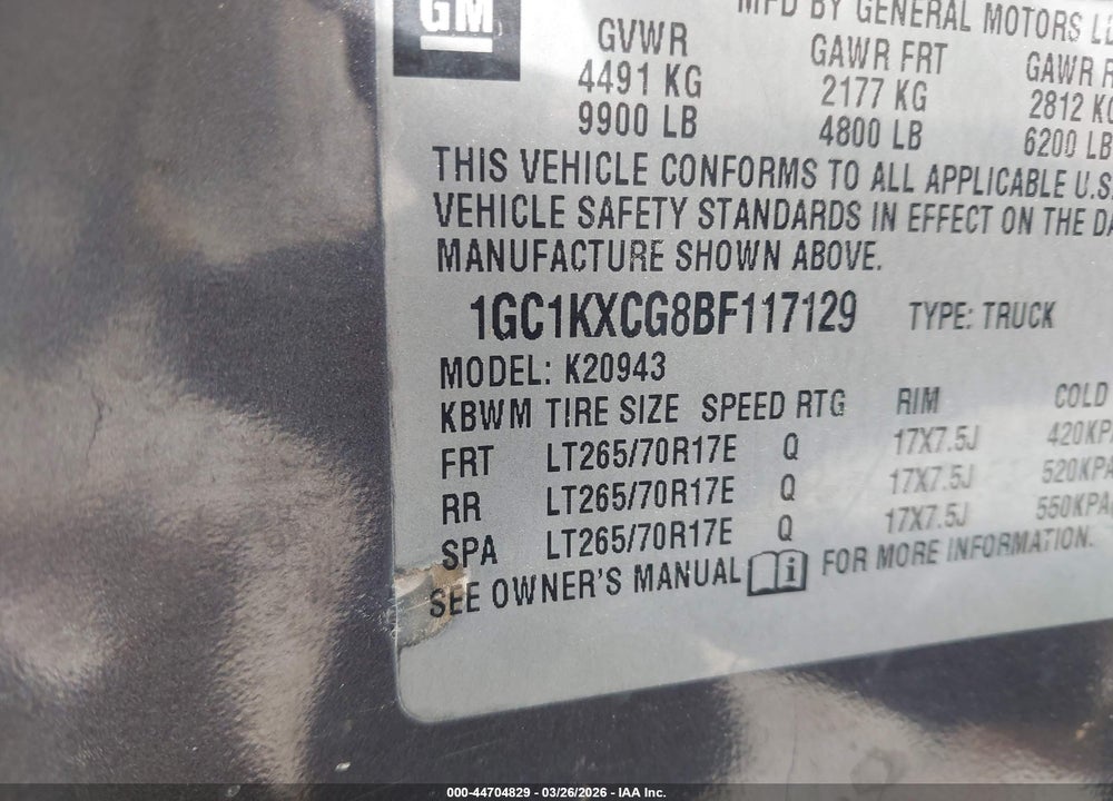 2011 CHEVROLET SILVERADO 2500HD LT VIN: 1GC1KXCG8BF117129