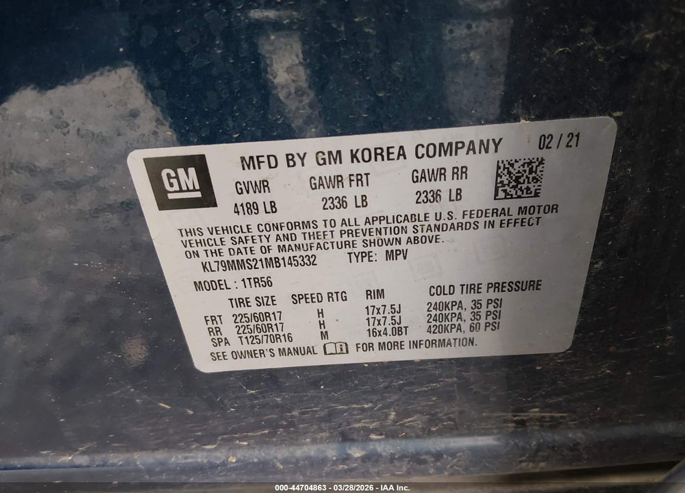 2021 CHEVROLET TRAILBLAZER FWD LS VIN: KL79MMS21MB145332