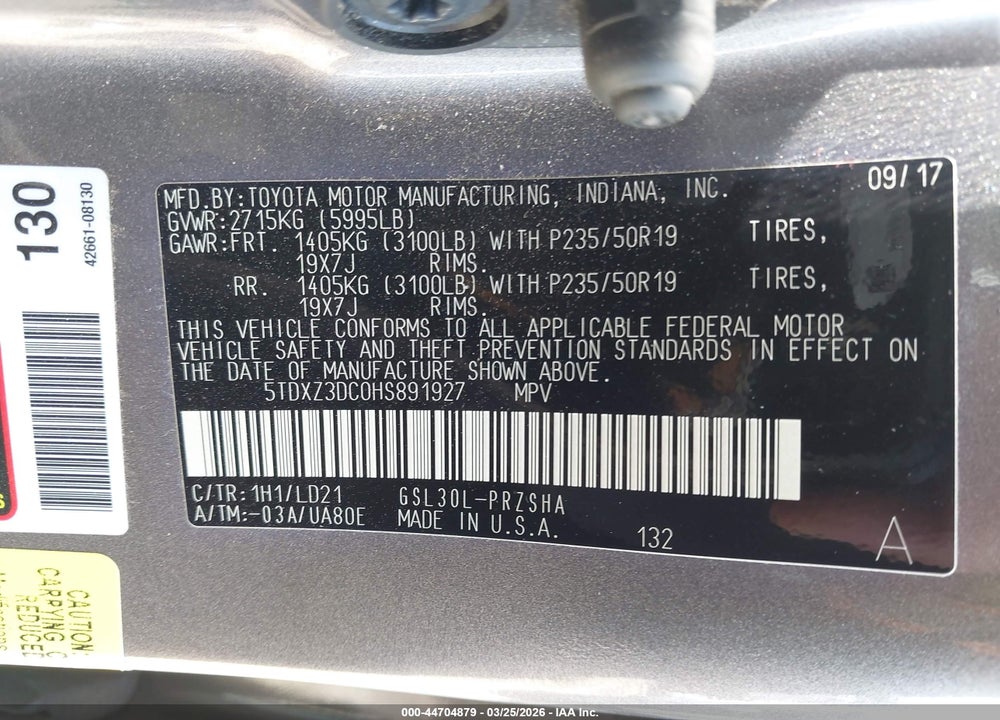 2017 TOYOTA SIENNA SE 8 PASSENGER VIN: 5TDXZ3DC0HS891927