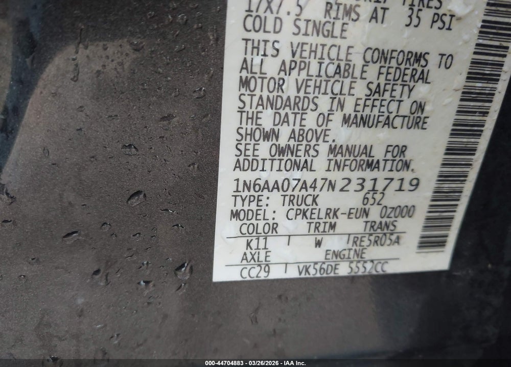 2007 NISSAN TITAN XE VIN: 1N6AA07A47N231719