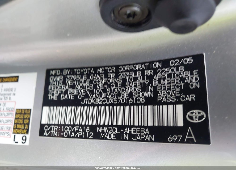 2005 TOYOTA PRIUS VIN: JTDKB20UX57016108