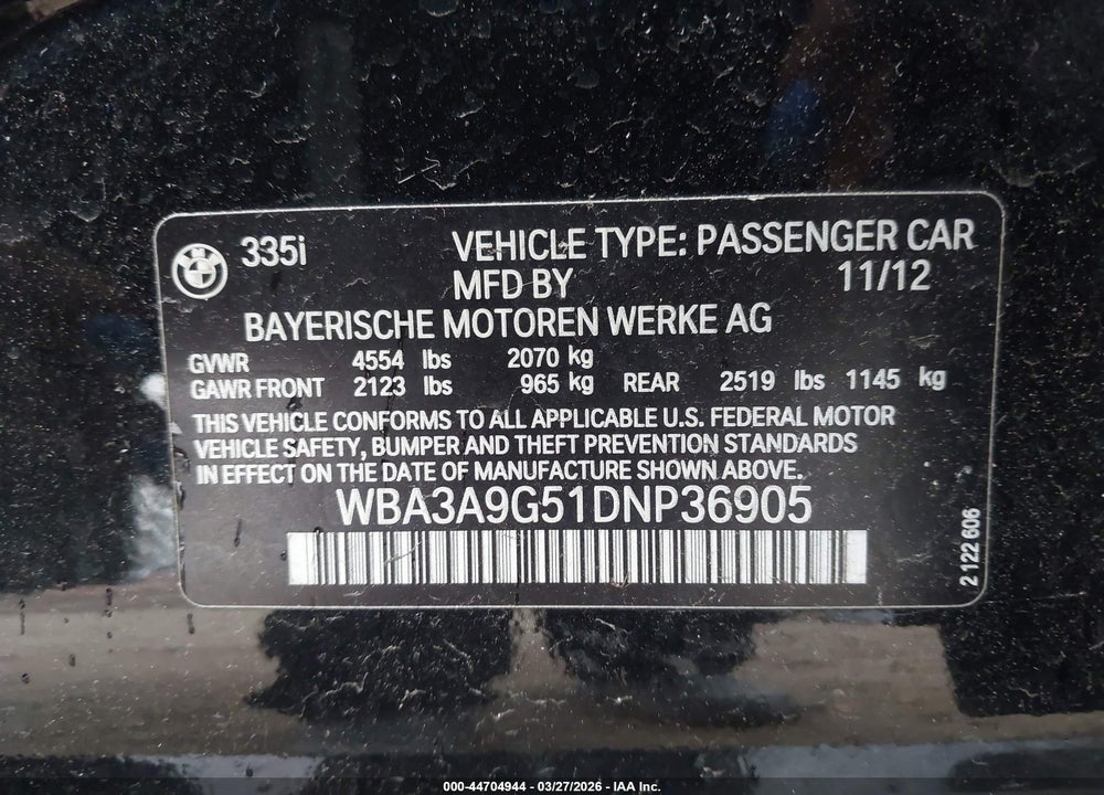 2013 BMW 335I VIN: WBA3A9G51DNP36905