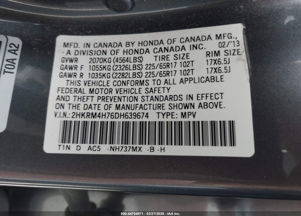 2013 HONDA CR-V EX-L VIN: 2HKRM4H76DH639674