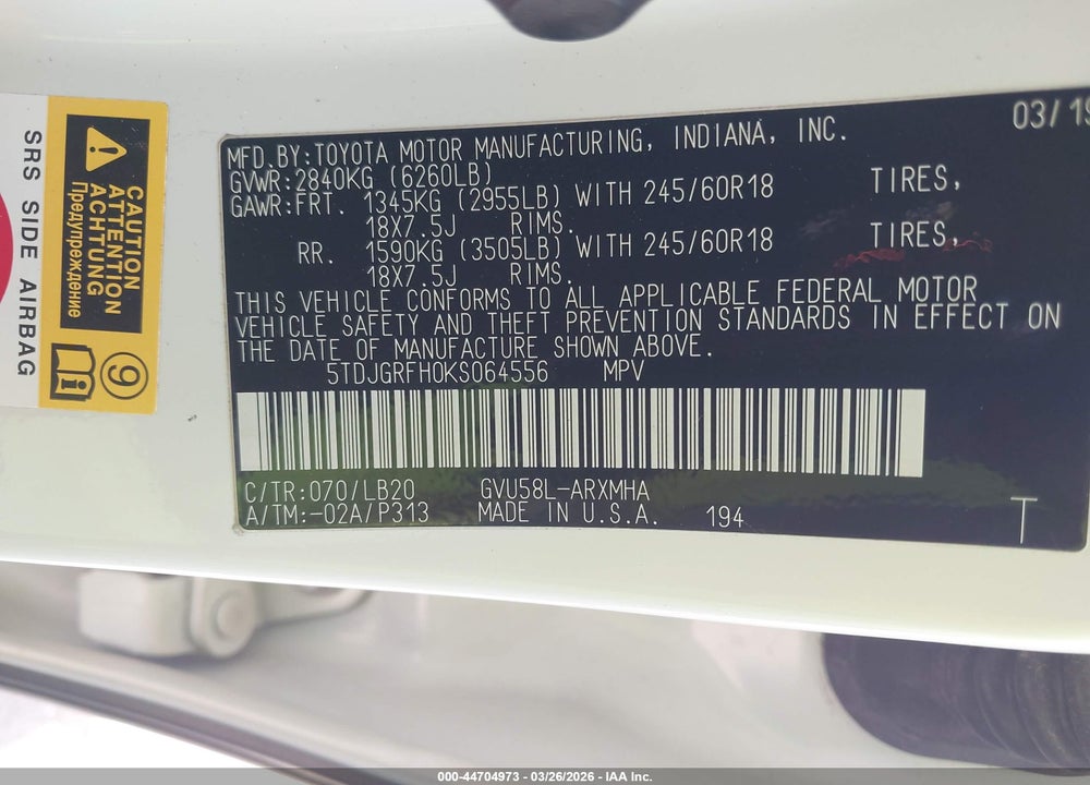 2019 TOYOTA HIGHLANDER HYBRID XLE VIN: 5TDJGRFH0KS064556