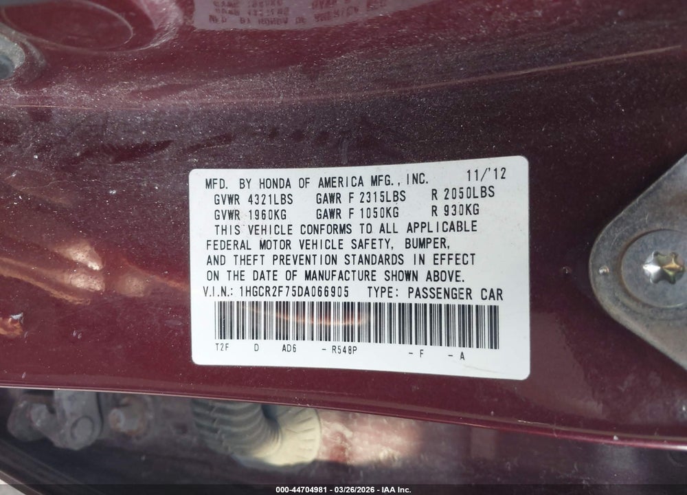 2013 HONDA ACCORD EX VIN: 1HGCR2F75DA066905