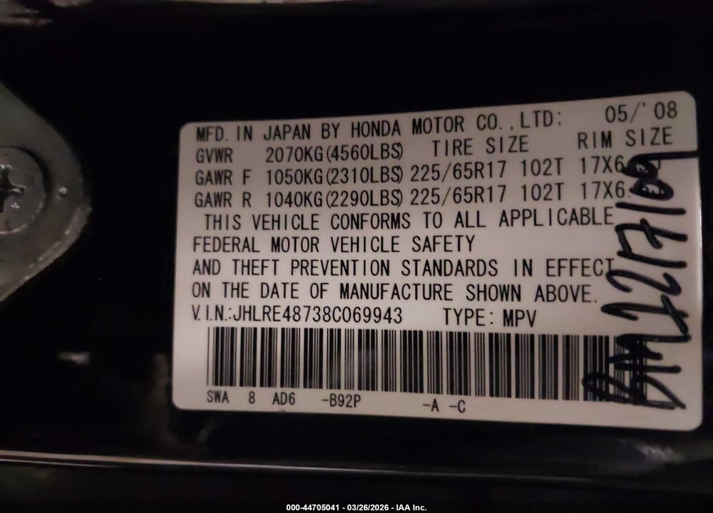 2008 HONDA CR-V EX-L VIN: JHLRE48738C069943