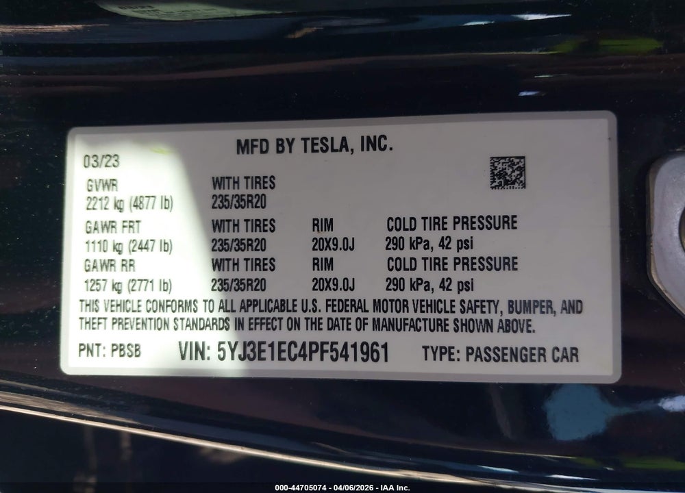 2023 TESLA MODEL 3 PERFORMANCE DUAL MOTOR ALL-WHEEL DRIVE VIN: 5YJ3E1EC4PF541961