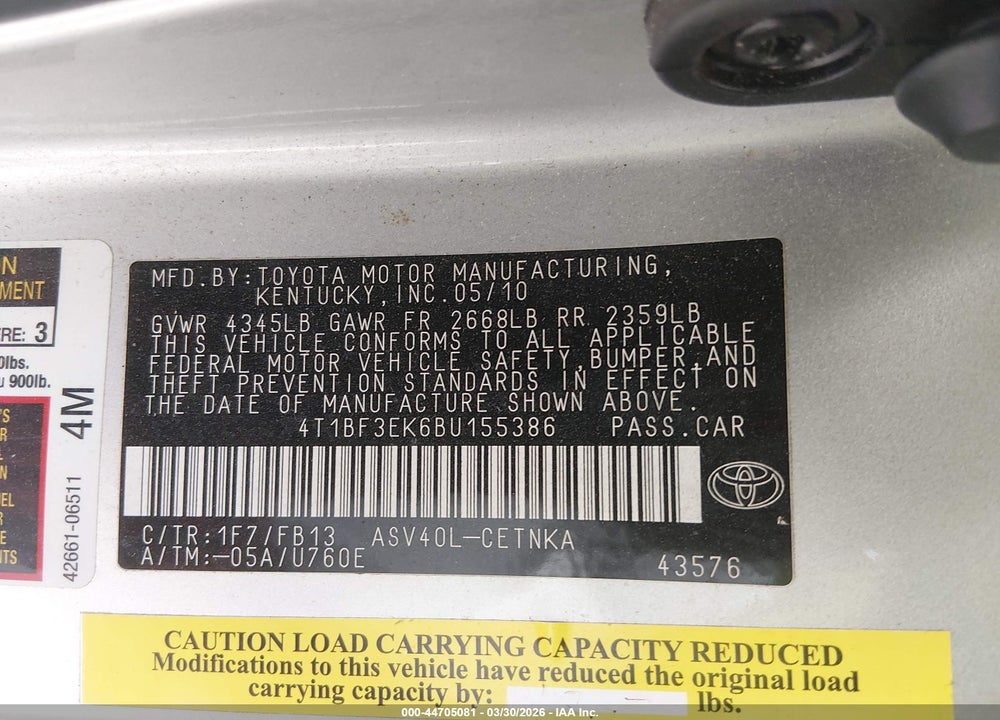 2011 TOYOTA CAMRY LE VIN: 4T1BF3EK6BU155386