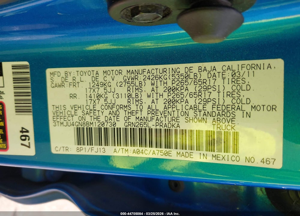 2011 TOYOTA TACOMA PRERUNNER V6 VIN: 3TMJU4GN8BM120730