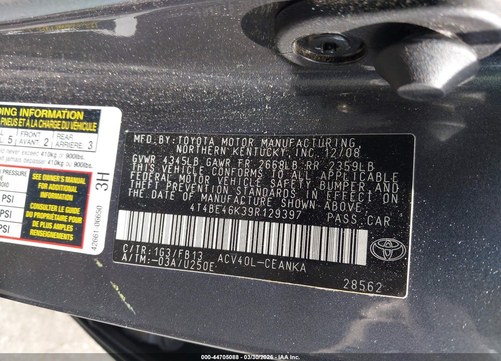 2009 TOYOTA CAMRY LE VIN: 4T4BE46K39R129397