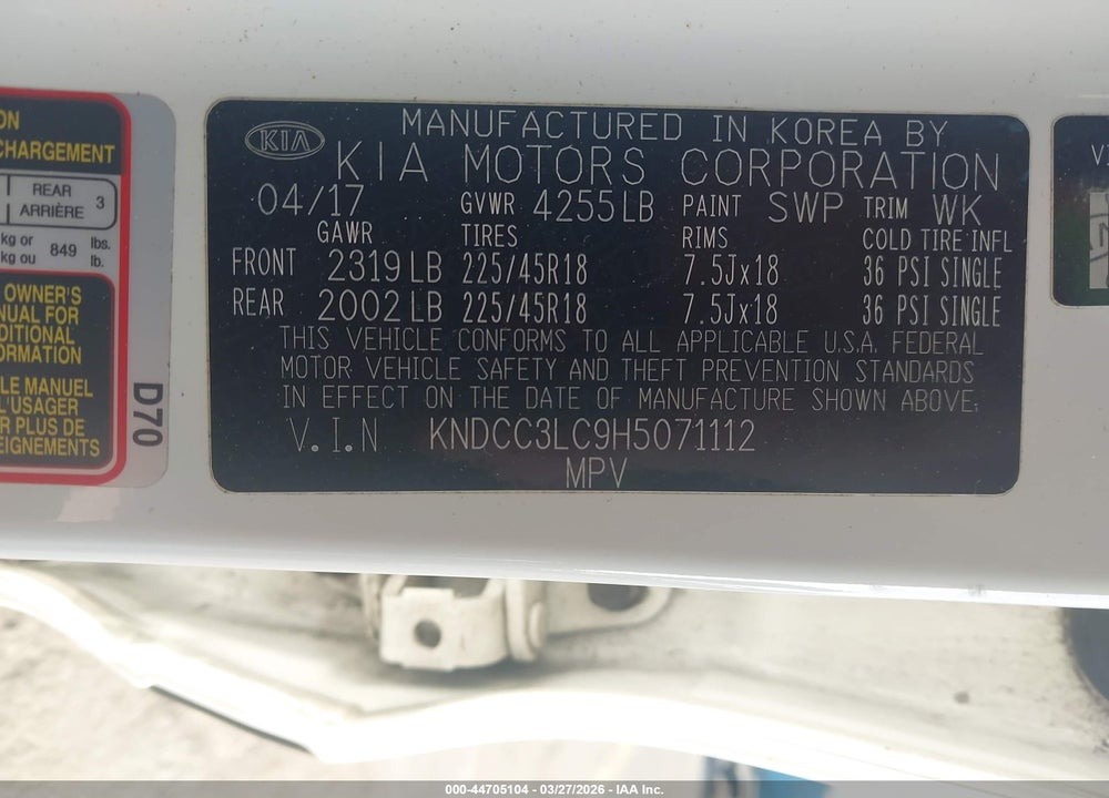 2017 KIA NIRO EX VIN: KNDCC3LC9H5071112