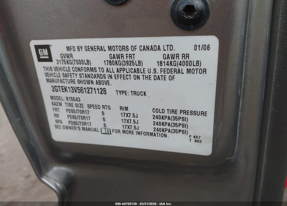 2006 GMC SIERRA 1500 SL VIN: 2GTEK13V561271128