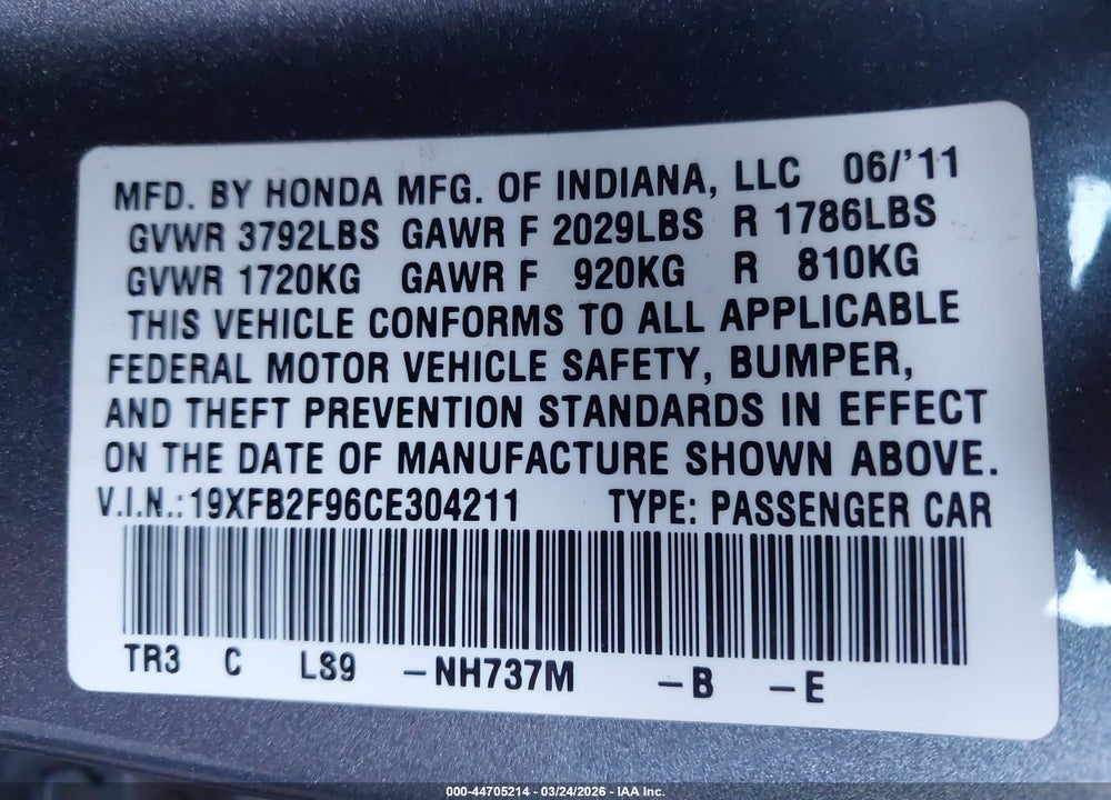 2012 HONDA CIVIC EX-L VIN: 19XFB2F96CE304211