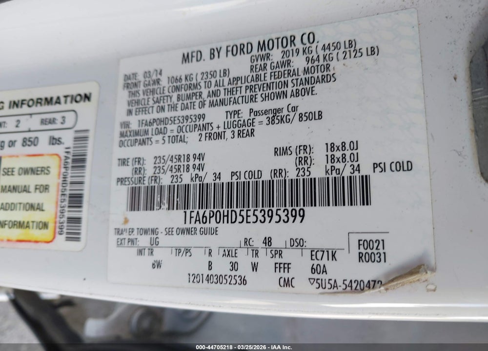2014 FORD FUSION SE VIN: 1FA6P0HD5E5395399