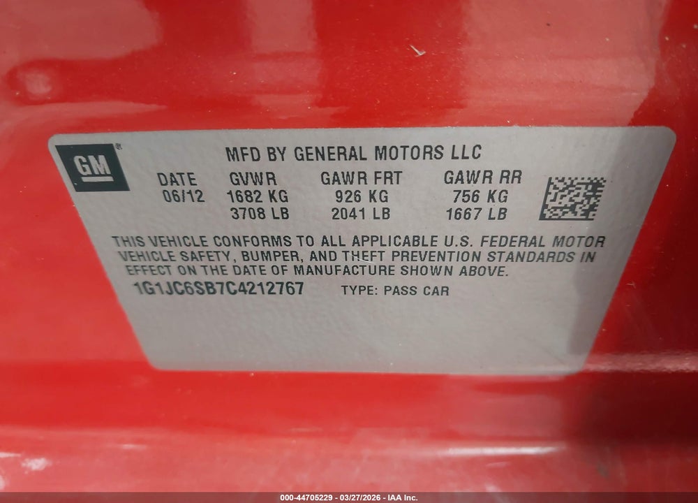 2012 CHEVROLET SONIC 2LT VIN: 1G1JC6SB7C4212767