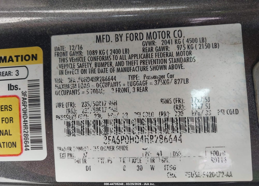 2017 FORD FUSION SE VIN: 3FA6P0HD4HR286644