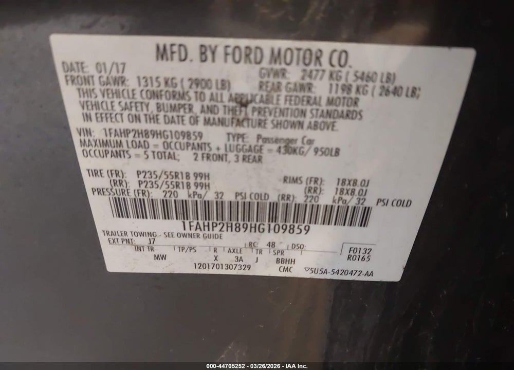 2017 FORD TAURUS SEL VIN: 1FAHP2H89HG109859