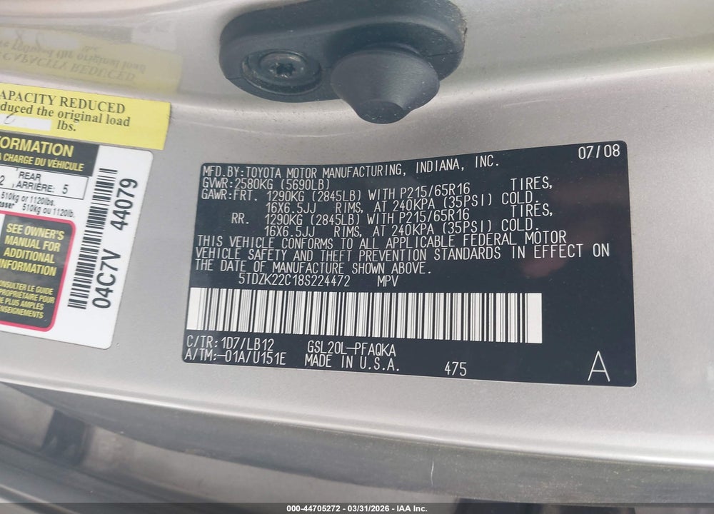 2008 TOYOTA SIENNA XLE VIN: 5TDZK22C18S224472