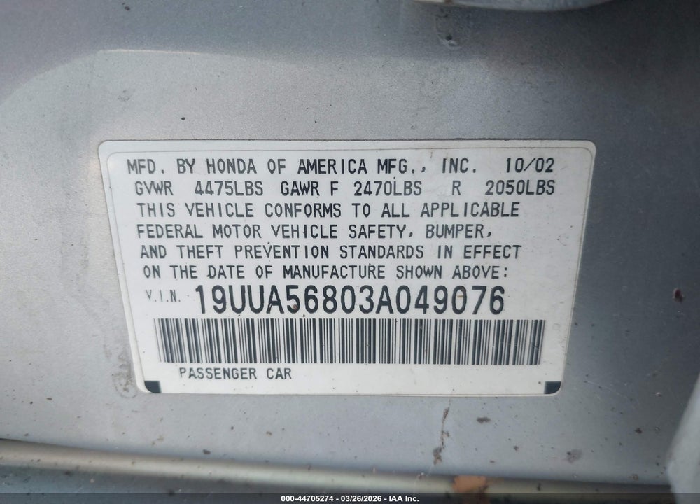 2003 ACURA TL 3.2 TYPE S VIN: 19UUA56803A049076