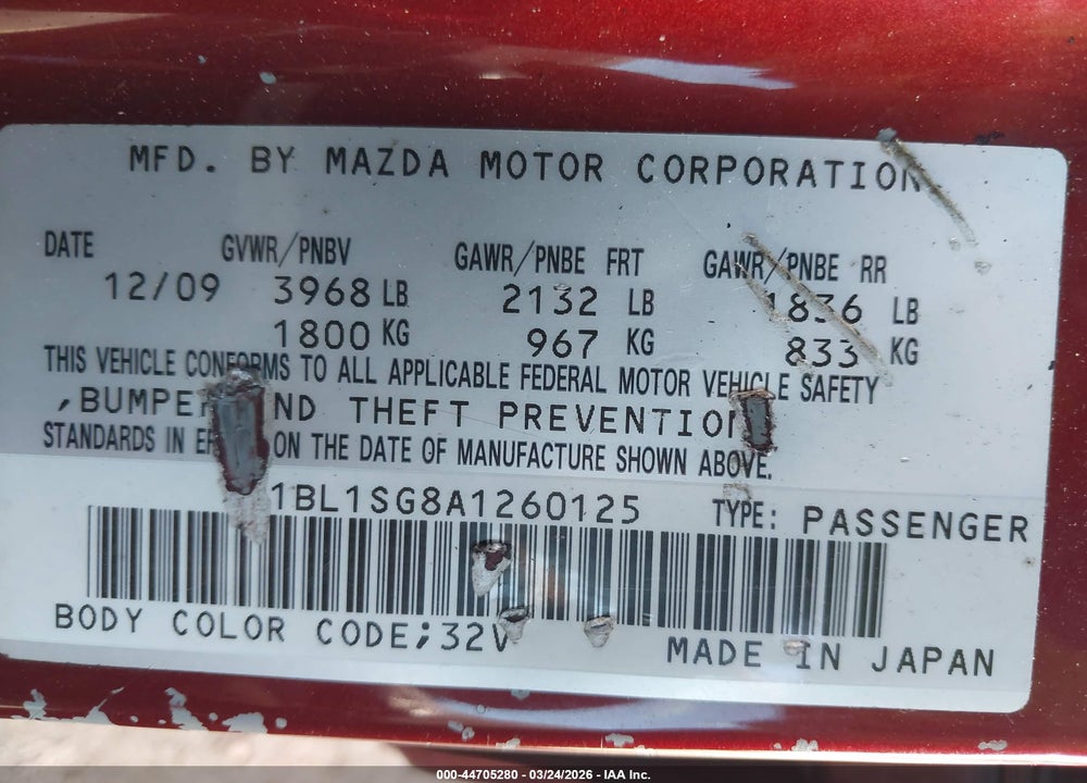 2010 MAZDA 3 I TOURING VIN: JM1BL1SG8A1260125