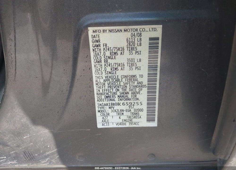 2008 NISSAN PATHFINDER S VIN: 5N1AR18B08C659255