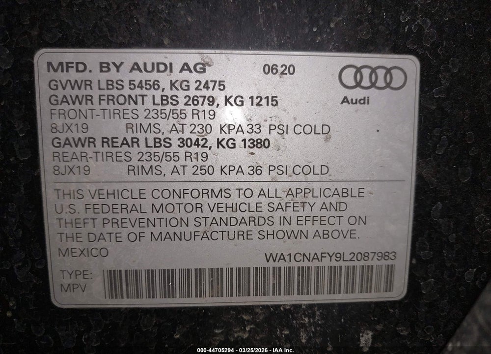 2020 AUDI Q5 PRESTIGE 45 TFSI QUATTRO S TRONIC VIN: WA1CNAFY9L2087983
