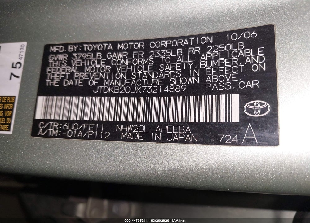 2007 TOYOTA PRIUS VIN: JTDKB20UX73214889