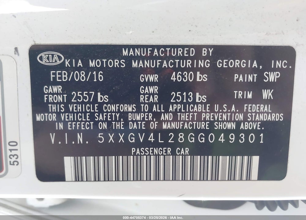 2016 KIA OPTIMA SXL TURBO VIN: 5XXGV4L28GG049301