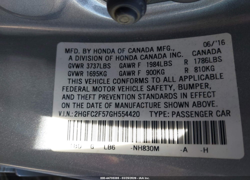 2016 HONDA CIVIC LX VIN: 2HGFC2F57GH554420